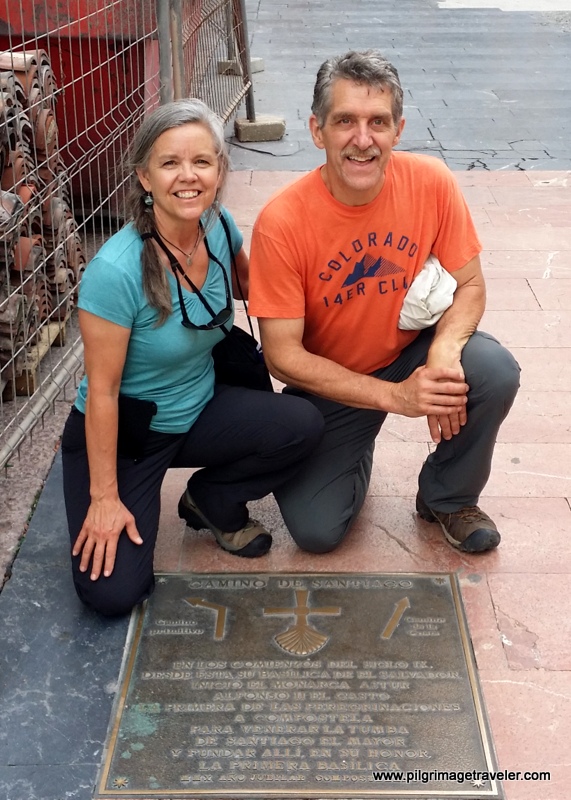 Elle and Rich at the Plaque at the Start of the Camino Primitivo, Oviedo, Spain